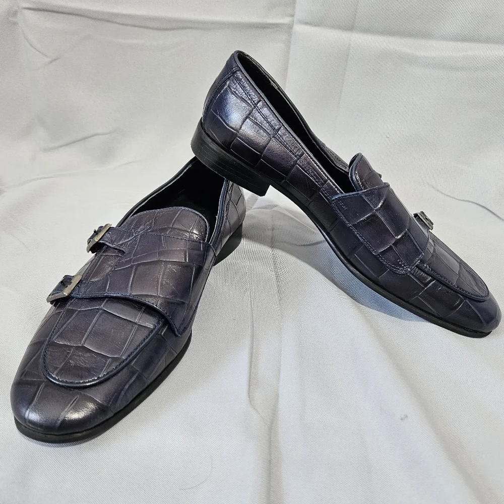 Sardinelli Barletta Italy Quiet Luxury Navy Double Monk Strap Loafers Sz 43/10